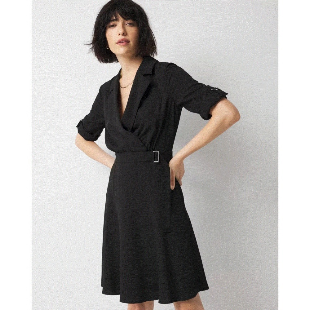 White House Black Market WHBM 3Q shirt dress womens 12 P black zip 570386606